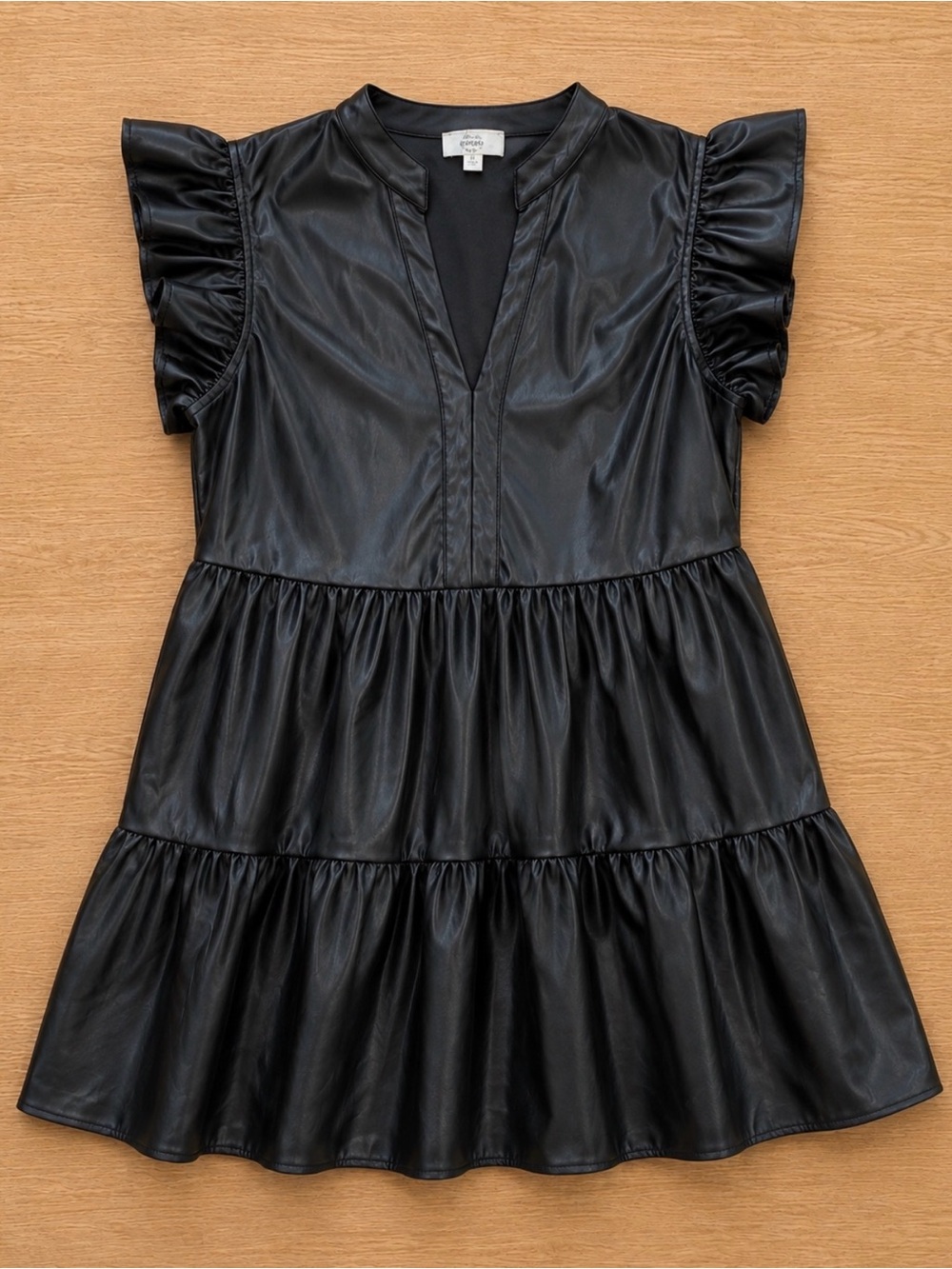 entro Black Faux Leather Tiered Ruffle Mini Dress